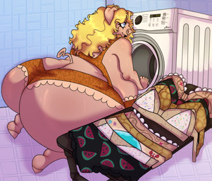 anthro appliance big_breasts big_butt blonde_hair bottomwear bra breasts butt clothed clothing female hair huge_breasts huge_butt hyper hyper_butt laundry laundry_machine lingerie nipples overweight overweight_female pants simple_background solo tail thick_thighs underwear washing_machine wavy_hair bones_on_string domestic_pig mammal suid suine sus_(pig) hi_res