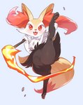 ambiguous_gender anthro biped black_body black_fur blush braixen canid canine fangs featureless_crotch flexible fur generation_6_pokemon grey_background hi_res holding_object holding_stick inner_ear_fluff looking_at_viewer mammal mizo_ne nintendo open_mouth open_smile orange_body orange_fur pokemon pokemon_(species) pose raised_leg red_eyes simple_background smile solo spread_legs spreading standing stick teeth thick_thighs tuft white_body white_fur wide_hips yellow_body yellow_fur