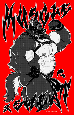 abs animal_mask anthro biceps big_deltoids big_muscles big_pecs biped bodily_fluids bulge claws clothing deltoids detailed_bulge finger_claws fingerless_gloves fist flexing flexing_bicep fur gloves handwear harness jockstrap looking_aside_at_viewer male male_anthro mask multicolored_body multicolored_fur muscular muscular_anthro muscular_arms muscular_male muscular_thighs navel obliques pecs poster pubes pup_mask red_background serratus side_view simple_background solo standing sweat text two_tone_body two_tone_fur underwear vein veiny_muscles revelion royce_(revelion) canid canine canis mammal wolf 2026 artist_name english_text greyscale hi_res monochrome
