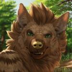 anthro black_lips brown_body brown_ears brown_face brown_fur brown_hair depth_of_field detailed_background detailed_fur fangs fur green_eyes hair inner_ear_fluff lips looking_at_viewer male monotone_body monotone_face monotone_fur monotone_hair outside plant short_hair smile smirk snout solo striped_body striped_fur stripes teeth tree tuft yellow_nose caraid hyena mammal striped_hyena 1:1 2018 bust_portrait detailed digital_media_(artwork) hi_res portrait