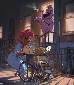 anthro beak big_breasts black_bra black_clothing black_panties black_underwear blue_clothing bra breasts broken_horn cigarette cigarette_smoke cleavage clothed clothing curvy_figure door eyelashes female fence freckled_face freckles grin group heart_print_underwear holding_cigarette holding_object horn huge_breasts larger_female long_eyelashes long_tail male navel night non-mammal_breasts non-mammal_hair non-mammal_navel open_door outside panties pube_peek pubes sharp_teeth size_difference smaller_male smile smoke standing tail teeth thick_tail thick_thighs tired trio underwear vehicle voluptuous walking wheelchair white_clothing white_horn white_underwear wide_hips window pb_doodles chupado mexico_alien_(meme) mythology cass_(simplifypm) penny_jenkins_(simplifypm) rufus_(simplifypm) avian bird canid canine canis chicken domestic_dog dragon galliform mammal mythological_creature mythological_scalie phasianid scalie absurd_res hi_res