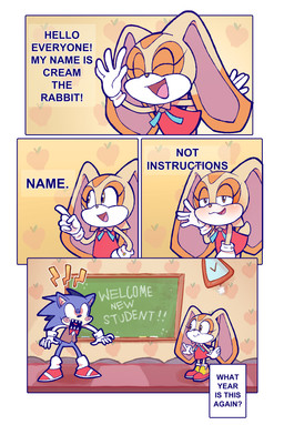 anthro duo female greeting male sharp_teeth shocked teeth text young young_anthro young_female eyegrapecartoons sega sonic_the_hedgehog_(series) cream_the_rabbit sonic_the_hedgehog eulipotyphlan hedgehog lagomorph leporid mammal rabbit absurd_res comic english_text hi_res