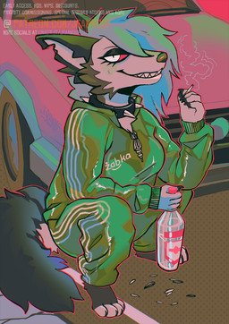 alcohol alcohol_bottle anthro beverage beverage_bottle bottle car cheek_tuft cigarette clothed clothing collar container crouching facial_tuft female gopnik grin holding_bottle holding_container holding_object notched_ear red_sclera slav_squat smile solo spiked_collar spikes tracksuit tuft vehicle jeanwoof hellaverse helluva_boss mythology loona_(helluva_boss) canid canid_demon canine canis demon hellhound mammal mythological_canine mythological_creature wolf hi_res