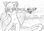 anthro balls bedding cape cloak clothing genitals gun half-erect holding_gun holding_object holding_ranged_weapon holding_weapon humanoid_genitalia humanoid_penis male mostly_nude outside penis piercing public ranged_weapon smile solo tail undressing weapon jumpyneko domestic_cat felid feline felis mammal 2007 graphite_(artwork) monochrome traditional_media_(artwork)