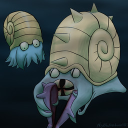abstract_background ambiguous_gender blood bodily_fluids duo eating horrified shell spikes tentacles underwater water nightauctor nintendo pokemon fossil_pokemon generation_1_pokemon omanyte omastar pokemon_(species) shellder 1:1 2012 signature