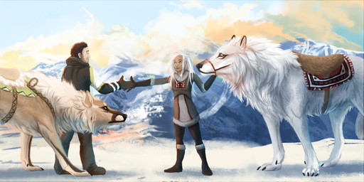 black_nose clothed clothing duo female feral fur group male smile tan_body tan_fur white_body white_fur oneminutesketch canid canine canis human mammal wolf 2015 digital_media_(artwork)