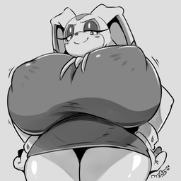 aged_up anthro big_breasts blush blush_lines breasts closed_smile clothing countershading cravat dipstick_ears dress ear_markings ears_back ears_down eye_markings eyelashes female fur gloves hands_on_hips handwear huge_breasts hyper hyper_breasts long_ears looking_at_viewer low-angle_view markings mouth_closed multicolored_ears narrowed_eyes nipple_outline pivoted_ears smile solo text thick_thighs tight_clothing wide_hips worm's-eye_view conditional_dnp digitaldomain123 sega sonic_the_hedgehog_(series) cream_the_rabbit lagomorph leporid mammal rabbit 1:1 2025 absurd_res artist_name greyscale hi_res monochrome signature