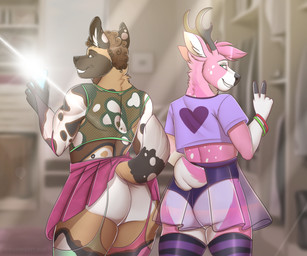 accessory anthro antlers bedroom_eyes big_butt bottomwear brown_eyes brown_hair butt camera camera_flash chubby_girly clothed clothing crossdressing duo electronics femboy fishnet_clothing fishnet_topwear fully_clothed fur gesture green_eyes hair hand_gesture horn inside leggings legwear looking_at_viewer looking_back male male/male mirror mirror_selfie multicolored_body multicolored_fur multicolored_tail muscular narrowed_eyes panties phone pink_body pink_fur pink_hair pose presenting raised_bottomwear raised_clothing raised_skirt seductive selfie shirt skirt slightly_chubby slightly_chubby_anthro slightly_chubby_male slim smile tail topwear translucent translucent_clothing underwear v_sign wide_hips thedarkestt dain_(dainthedeer) darius_davis african_wild_dog canid canine deer mammal absurd_res hi_res