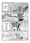 4koma aniapt_(manga) anthro black_nose blush book bookshelf bottomwear cheek_tuft cherry_blossom closed_smile clothed clothing comic detailed_background digital_media_(artwork) dotted_line dotted_line_text_box english_text eyes_closed facial_tuft fluffy fluffy_tail four_frame_image furniture grass greyscale hair happy hi_res holding_object hoodie inner_ear_fluff inside looking_up male mammal mephitid messy_hair monochrome mouth_closed multicolored_body narration open_mouth open_smile outside pants plant screentone shrub sidewalk simple_background skunk sky smile solo standing stripes sweater tail tail_motion tailwag tapirclip text text_box topwear tree tuft two_tone_body two_tone_tail walking
