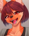 anthro bodily_fluids brown_eyes brown_hair brown_nose clothed clothing fangs female female_anthro fur hair happy kemono looking_at_viewer multicolored_body multicolored_fur open_mouth open_smile orange_body orange_fur saliva saliva_on_tongue short_hair smile smiling_at_viewer solo teeth tongue white_body white_fur yellowparrottw yellowparrottw's_wolf canid canine mammal maned_wolf 2022 absurd_res bust_portrait digital_media_(artwork) hi_res portrait