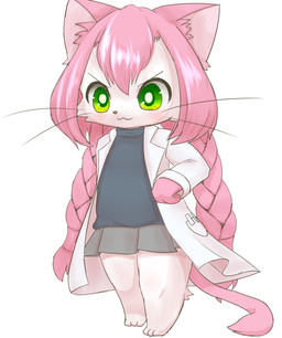anthro barefoot blush bottomwear braided_hair clothed clothing coat feet female fully_clothed fur green_eyes hair lab_coat long_hair pigtails pink_body pink_fur pink_hair simple_background skirt solo standing tail tail_under_skirt topwear twin_braids whiskers white_background bunnag cat_busters neko_hakase domestic_cat felid feline felis mammal digital_media_(artwork) hi_res shaded