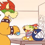 1:1 2020 anthro armband belly beverage_can bib biped bowser bowser_jr. bracelet chain_chomp claws clothing cute_fangs duo eyes_closed facial_hair father_(lore) father_and_child_(lore) father_and_son_(lore) group hair happy hi_res human jewelry koopa lates male mammal mario mario_bros multicolored_body mustache nintendo overweight overweight_male parent_(lore) parent_and_child_(lore) parent_and_son_(lore) red_hair robe scalie sharp_teeth sitting smile son_(lore) spiked_armband spiked_bracelet spikes teeth