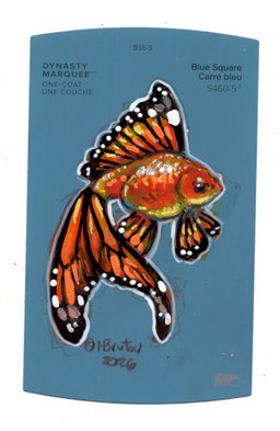 ambiguous_gender black_body black_eyes black_scales border feral orange_body orange_scales paint_sample_card perching scales solo text white_body white_border white_scales yellow_body yellow_scales heather_bruton aquatic cyprinid cypriniform fish goldfish 2026 acrylic_painting_(artwork) colored_pencil_(artwork) english_text low_res marker_(artwork) painting_(artwork) traditional_media_(artwork) traditional_painting_(artwork)