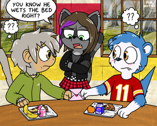 anthro blush cafeteria clothed clothing embarrassed female fur group hair love_letter male male/male school trio young pokefound da_silva sam_(pink) haplorhine mammal monkey mustelid otter primate procyonid raccoon 5:4 hi_res