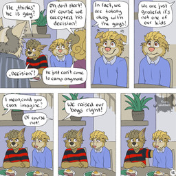 anthro at_table bald_spots blonde_hair blue_clothing blue_shirt blue_topwear brown_eyes clothed clothing comforting curly_hair dialogue ears_down ears_up excited family female food group hair homophobia inside logo male page_number pattern_clothing pattern_shirt pattern_topwear pivoted_ears sad shirt six_frame_image smile speech_bubble striped_clothing striped_shirt striped_topwear stripes text topwear upset kriek_wildebeest boris_(kriek_wildebeest) jeremy_(kriek_wildebeest) border_collie canid canine canis collie domestic_dog herding_dog mammal pastoral_dog sheepdog 1:1 artist_logo comic english_text hi_res multiple_scenes brother_(lore) brothers_(lore) father_(lore) father_and_child_(lore) father_and_son_(lore) mother_(lore) mother_and_child_(lore) mother_and_son_(lore) parent_(lore) parent_and_child_(lore) parent_and_son_(lore) sibling_(lore) son_(lore)