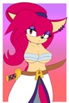 anthro belt big_breasts bottomwear breasts clothed clothing ear_piercing female fur hair long_hair looking_at_viewer melee_weapon panties pants piercing red_body red_eyes red_fur red_hair simple_background solo standing sword underwear weapon redeye_samurai_(artist) sega sonic_the_hedgehog_(series) asami_the_cat fan_character felid feline mammal 2:3 absurd_res digital_media_(artwork) hi_res