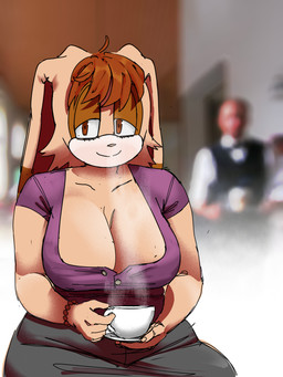 anthro big_breasts breasts cafe coffee_mug curvy_figure date_pov female huge_breasts solo rad.ickly sega sonic_the_hedgehog_(series) vanilla_the_rabbit lagomorph leporid mammal rabbit 3:4 absurd_res hi_res