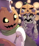 cape chibi clothing duo glowing glowing_eyes happy holidays jack-o'-lantern knife male rock smile hase_popopo bandai_namco digimon digimon_ghost_game halloween digimon_(species) elemental_creature gotsumon humanoid mineral_fauna pumpkinmon rock_creature absurd_res hi_res