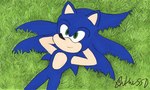 anthro blue_body blue_fur fur grass lying male on_back plant relaxing solo authorssd_(artist) sega sonic_the_hedgehog_(series) sonic_the_hedgehog eulipotyphlan hedgehog mammal traditional_media_(artwork)