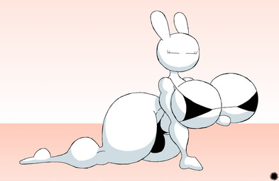 anthro big_breasts bottom_heavy bra breasts bulge clothing curvy_figure eyelashes fur gradient_background gynomorph holding_breast intersex logo lying mouthless on_side simple_background solo spherical_breasts text thick_thighs thong underwear white_body white_fur wide_hips thatdawgmurray tuzki lagomorph leporid mammal rabbit aliasing artist_logo artist_name digital_media_(artwork) hi_res signature male_(lore)