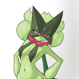 anthro anthrofied belly biped breast_curtains breasts cape clothing eyebrows eyelashes female female_anthro fur glowing glowing_eyes green_body green_fur green_hair green_mask hair hand_on_hip looking_at_viewer mask medium_breasts navel pink_eyes pokemorph simple_background smile smug smug_face solo standing text white_background additionalespeon333 nintendo pokemon felid feline generation_9_pokemon mammal meowscarada pokemon_(species) 1:1 2026 absurd_res artist_name colored digital_drawing_(artwork) digital_media_(artwork) hi_res shaded