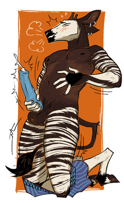 animal_genitalia animal_penis anthro balls blue_penis blush bodily_fluids boxers_(clothing) boxers_around_legs boxers_down boxers_only brown_body brown_fur brown_stripes clothed clothing clothing_around_legs cum cumshot ear_piercing ear_ring ejaculation equine_genitalia equine_penis erection eyes_closed fur genital_fluids genitals hooves horn kneeling looking_pleasured male masturbation orgasm ossicone penile penile_masturbation penis piercing ring_piercing simple_background smile solo striped_body striped_fur stripes tail tail_between_legs tail_tuft topless tuft underwear underwear_around_legs underwear_only white_body white_fur jariloxe giraffid mammal okapi hi_res
