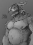 anthro biceps grey_background horn male musclegut muscular muscular_anthro muscular_male nipples nude simple_background solo neosavias dinosaur prehistoric_species reptile scalie grey_theme hi_res monochrome sketch