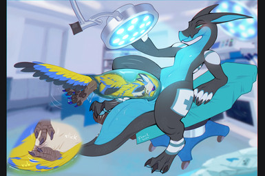 animal_genitalia anthro anthro_on_anthro big_penis black_body black_feathers blue_body blue_eyes blue_feathers blue_penis cloaca cock_vore duo erection feathers genitals huge_penis inside internal machine male male/male male_pred mouth_closed narrowed_eyes penile penis purple_eyes sitting vore yellow_body yellow_feathers famir schale_(ignus_vam) avali dinosaur dromaeosaurid prehistoric_species reptile robot robot_anthro scalie theropod 2024 dated hi_res signature