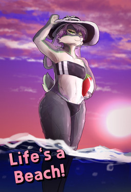 ambiguous_gender anthro ball beach beach_ball bedroom_eyes biped clothing eyelashes green_eyes grey_body hair hat headgear headwear inflatable looking_at_viewer low-angle_view machine narrowed_eyes one-piece_swimsuit outside partially_submerged paws pose postcard puppet_strings purple_hair sea seascape seductive sky solo standing sun_hat sunset swimwear text thick_thighs translucent translucent_clothing translucent_swimwear two-piece_swimsuit water waterline_view white_body wide_hips aka_meyneth gris_swimsuit meme_clothing proxy_(aka_meyneth) lagomorph leporid mammal rabbit robot absurd_res digital_media_(artwork) hi_res meme pinup portrait three-quarter_portrait