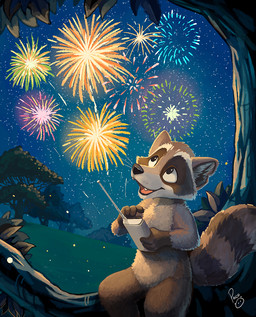 anthro brown_body brown_fur controller fangs featureless_crotch fireworks front_view fur happy holding_controller holding_object holding_remote_control in_tree logo looking_up male markings night nude open_mouth open_smile plant remote_control sitting smile solo striped_markings striped_tail stripes tail tail_markings teeth tree white_body white_fur young young_anthro young_male pandapaco mammal procyonid raccoon artist_logo signature