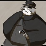 anthro clothing facial_hair hat headgear headwear kemono male mustache overweight overweight_anthro overweight_male shirt simple_background solo topwear emufu canid canine canis domestic_dog mammal 1:1 2015