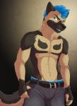 abs anthro belt biceps blue_eyes blue_hair bottomwear boxers_(clothing) bulge clothed clothing denim denim_bottomwear denim_clothing fur hair jeans male muscular muscular_anthro muscular_male pants pecs sagging smile solo teeth topless underwear fcsimba dannycaliforniashepherd canid canine canis domestic_dog german_shepherd herding_dog mammal pastoral_dog 2015 hi_res