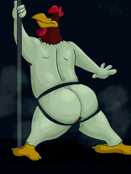anthro beak big_butt butt clothing dancing feathers glistening glistening_butt jockstrap male overweight overweight_male pole slightly_chubby slightly_chubby_male solo stripper stripper_pole underwear white_body white_feathers agogoart looney_tunes warner_brothers foghorn_leghorn avian bird chicken galliform leghorn_chicken phasianid hi_res