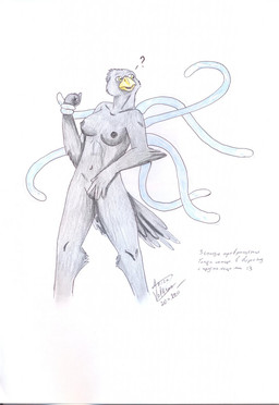 anthro beak breasts feathers female genitals green_eyes navel non-mammal_breasts question_mark simple_background solo surprised tail tail_feathers tentacles transformation vulva akira_volfsar goldi avian 2011 dated hi_res monochrome traditional_media_(artwork)