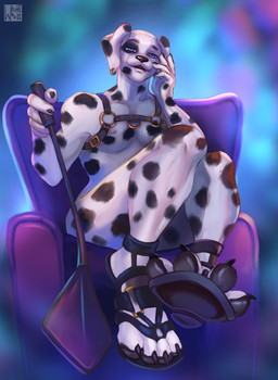 4_toes 5_fingers anthro areola armchair aroused_face aroused_male aroused_smile bdsm bedroom_eyes belt bent_legs biceps big_muscles big_pecs black_belt black_claws black_clothing black_footwear black_nose black_pawpads black_sandals black_spots black_spotted_fur blue_eyes breasts chair claws clothing cocky cocky_smile dominant dominant_anthro dominant_male dominator ear_piercing ear_ring eyebrows feet finger_claws fingers floppy_ears foot_fetish foot_focus footwear front_view fur furniture gold_(metal) gold_ear_ring gold_jewelry grin hand_on_face hand_on_head happy hindpaw impact jewelry knock-kneed looking_at_viewer male male_anthro markings master muscular muscular_anthro muscular_male narrowed_eyes neon neon_lights nipples nude nude_anthro nude_male object_in_hand on_sofa open_mouth pawpads paws pecs piercing pink_areola pink_nipples pivoted_ears plantigrade playing purple_sofa riding_crop ring_piercing sandals seductive shoe_soles shoes simple_background sitting sitting_on_armchair sitting_on_sofa smile smiling_at_viewer sofa soles solo spots spotted_body spotted_fur toe_claws toes voluptuous_anthro voluptuous_male whip white_body white_fur wide_hips whitebaloo canid canine canis dalmatian domestic_dog mammal absurd_res digital_drawing_(artwork) digital_media_(artwork) full-length_portrait hi_res portrait