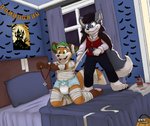 anthro bedroom clean_diaper clothed clothing costume diaper dressing duo holidays male male/male wearing_diaper young young_anthro onykr halloween benjivulpes samm_(bella_samm) canid canine canis fennec_fox fox hybrid mammal mummy true_fox undead vampire wolf absurd_res hi_res