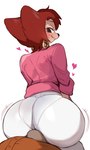 anthro big_butt biped bite biting_lip black_nose blush brown_eyes butt clothed clothing duo erection erection_under_clothing eyebrows female hair heart_symbol looking_back male male/female rear_view simple_background teeth white_background lightsource disney goof_troop peg_pete canid canine canis domestic_dog mammal hi_res