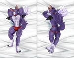 abs anthro bedding bedding_background bow_tie bulge butt claws clothing dakimakura fur jockstrap male muscular muscular_anthro muscular_male pecs purple_body purple_fur solo tail underwear wings checkhoff bandai_namco digimon mythology foxy_the_dorumon digimon_(species) dorumon dragon furred_dragon furred_scalie mythological_creature mythological_scalie scalie x-digimon dakimakura_design hi_res