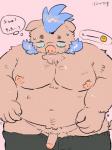 anthro balls belly blush bottomwear clothing genitals humanoid_genitalia humanoid_hands humanoid_penis male moobs navel nipples overweight overweight_anthro overweight_male pants penis solo text buta5kawa hamuga86 lifewonders tokyo_afterschool_summoners ganglie_(tas) mammal suid suine sus_(pig) wild_boar 2019 hi_res japanese_text