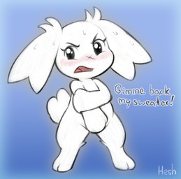 anthro black_eyes black_text blue_background blush bodily_fluids covering covering_chest covering_crotch covering_self exclamation_point eyelashes facial_scar female female_anthro floppy_ears fur glistening glistening_eyes lop_ears nude nude_anthro nude_female open_mouth pink_blush red_tongue scar simple_background solo standing sweat sweaty_face tail text tongue white_body white_ears white_fur white_tail white_text white_text_outline x_scar heshieokf cave_story sue_sakamoto lagomorph mammal mimiga 2025 artist_name digital_media_(artwork) english_text watermark