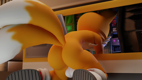 2_tails anthro backsack balls butt clothing computer electronics footwear footwear_only genitals kneeling male mostly_nude multi_tail shoes shoes_only solo tail twintails3d sega sonic_the_hedgehog_(series) miles_prower canid canine fox mammal 16:9 3d_(artwork) digital_media_(artwork) hi_res widescreen