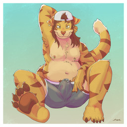 amber_eyes anthro areola armpit_hair backwards_baseball_cap backwards_hat baseball_cap belly big_belly biped bodily_fluids body_hair border bottomwear brown_claws brown_hair brown_stripes bulge chest_fur chest_tuft claws clothed clothing ear_piercing ear_ring erection erection_under_clothing facial_markings fangs feet foot_focus fur genital_fluids gradient_background grey_bottomwear grey_clothing grey_shorts hair hat head_markings headgear headwear looking_at_viewer male male_anthro markings marolovelha multicolored_body multicolored_fur navel nipple_piercing nipple_ring nipples orange_body orange_fur overweight pawpads paws piercing pink_nipples plantigrade precum precum_through_clothing pube_peek pubes ring_piercing seductive shorts simple_background slightly_chubby smile solo spread_legs spreading striped_body striped_fur striped_markings striped_tail stripes tail tail_markings tan_body tan_fur teeth tenting thick_thighs toes tuft two_tone_body two_tone_fur wet wet_clothing white_border white_clothing white_hat white_headwear mytigertail gabe_(mytigertail) felid feline mammal pantherine tiger 1:1 cel_shading digital_media_(artwork) hi_res shaded signature