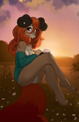 4_toes anthro barefoot barely_visible_genitalia barely_visible_vulva bottomless breasts casual_exposure clothed clothing crossed_legs ear_piercing feet female floppy_ears freckles fur genitals hair looking_at_viewer nature orange_hair orange_tail outside paws piercing plantigrade shirt solo sunset tail tan_body tan_fur toes topwear vulva askart floppi_(askart) canid canine canis domestic_dog mammal 2024 digital_media_(artwork) hi_res