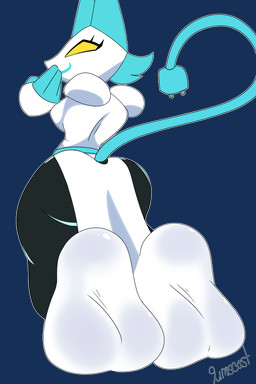 blue_ears blue_hair blue_tail feet female floating_hands foot_fetish foot_focus hair hand_on_mouth kneeling looking_back machine solo tail teasing teasing_viewer teasing_with_feet tiptoes white_body yellow_sclera limscast deltarune undertale_(series) tasque_manager felid feline humanoid mammal robot robot_humanoid 2:3 absurd_res alpha_channel hi_res