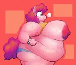 anthro areola belly big_belly big_breasts bodily_fluids breasts breath butt curled_hair female fur glistening glistening_breasts hair huge_breasts nipples obese obese_anthro obese_female overweight overweight_anthro overweight_female pink_areola pink_body pink_fur pink_hair pink_nipples side_profile side_view smile solo sweat sweaty_belly sweaty_breasts wolfgirl9million friendship_is_magic hasbro my_little_pony pinkie_pie_(mlp) equid equine horse mammal pony