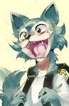 anthro backpack black_nose blush clothed clothing fangs happy male open_mouth solo teeth tongue psibunny beastars legoshi_(beastars) canid canine canis mammal wolf 2019 hi_res