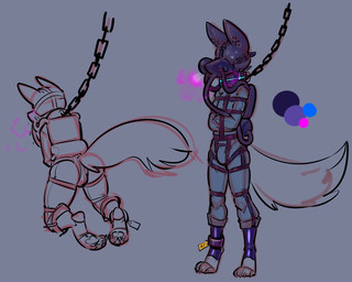 ankle_cuffs anthro barefoot bdsm biped bodily_fluids bondage bound bulge chain claws collar cuff_(restraint) feet gas_mask gas_tank gimp_suit glistening hindpaw kneeling latex leash male mask muzzle_(object) muzzled pawpads paws restraints shackles simple_background solo standing straitjacket sweat toe_claws toes banderi canid canine mammal digital_drawing_(artwork) digital_media_(artwork) hi_res