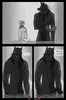 abs anthro armor becoming_erect biped blush clothed clothing duo erection erection_under_clothing fangs foreskin fur genitals headgear headgear_only helmet helmet_only humanoid_genitalia humanoid_penis larger_anthro larger_male long_foreskin male muscular muscular_anthro muscular_male nipples nude partially_submerged pecs penis pubes size_difference smaller_human smaller_male smile standing teeth tenting text unretracted_foreskin water wet wet_body duke_of_dangers_(artist) elden_ring fromsoftware blaidd_(elden_ring) tarnished_(elden_ring) canid canine canis human mammal wolf 2022 comic digital_media_(artwork) english_text greyscale hi_res monochrome