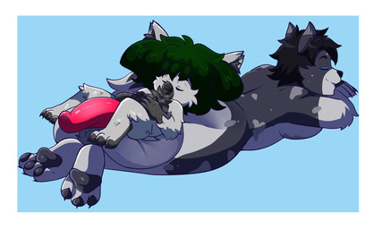 afro anthro ball_tuft balls beak belly big_balls big_hair bird_lemonfaace black_hair border breasts butt casual_nudity claws duo eyes_closed feet fluffy fluffy_tail fur genitals green_hair grey_body grey_fur gynomorph hair huge_balls intersex lounging lying male nipples nubbed_penis on_front overweight pawpads paws penis pubes red_penis resting shortstack sitting_on_balls size_difference slightly_chubby slightly_chubby_intersex spots tail talons thick_thighs toes tuft white_border zairuz lilithdog avian canid canine canis mammal wolf 5:3 hi_res
