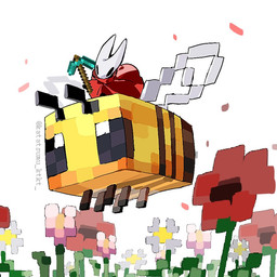 2_horns ambiguous_gender antennae_(anatomy) anthro black_eyes cloak clothed clothing diamond_pickaxe duo empty_eyes feral flower flying grey_text holding_pickaxe horn larger_ambiguous on_another pickaxe pickaxe_(minecraft) plant red_cloak red_clothing red_flower size_difference smaller_ambiguous text white_flower wings yellow_body katatsumu_ktkt hollow_knight_(franchise) microsoft minecraft mojang team_cherry xbox_game_studios hornet_(hollow_knight) arthropod bee bee_(minecraft) hymenopteran insect 2025 artist_name english_text female_(lore)
